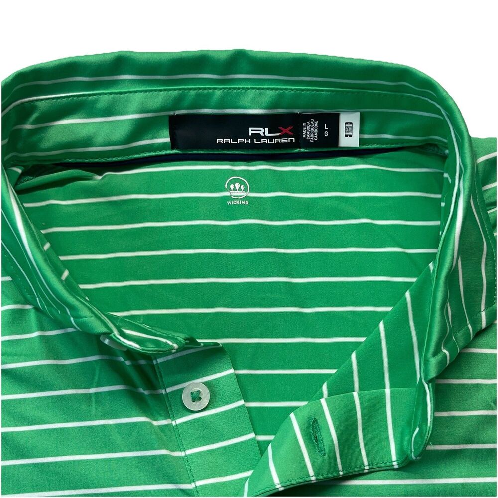 Ralph Lauren RLX Polo Mens L Green Striped Performance Golf Athleisure Outdoor